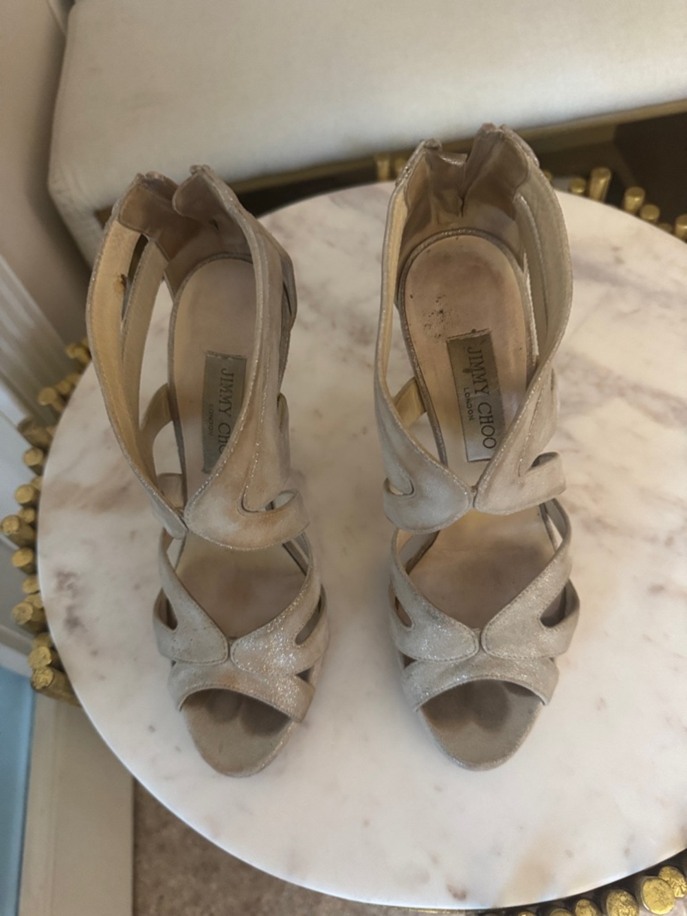 Jimmy Choo Beige Suede Strappy Open-Toe Heels